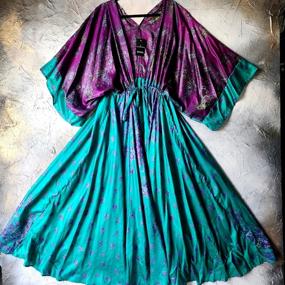 Handprinted Silk Authentic Designer Kimono Batik Long Maxi Dress Luxury Resort - Picture 14 of 16